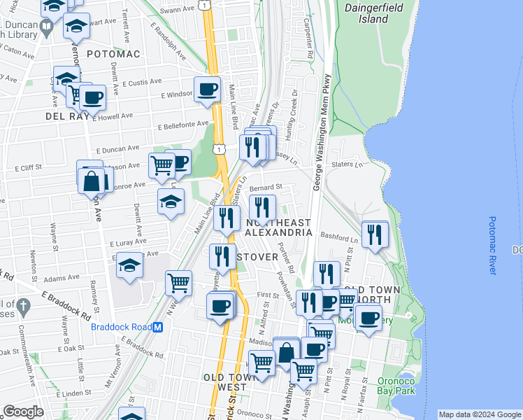map of restaurants, bars, coffee shops, grocery stores, and more near 1359 Powhatan Street in Alexandria