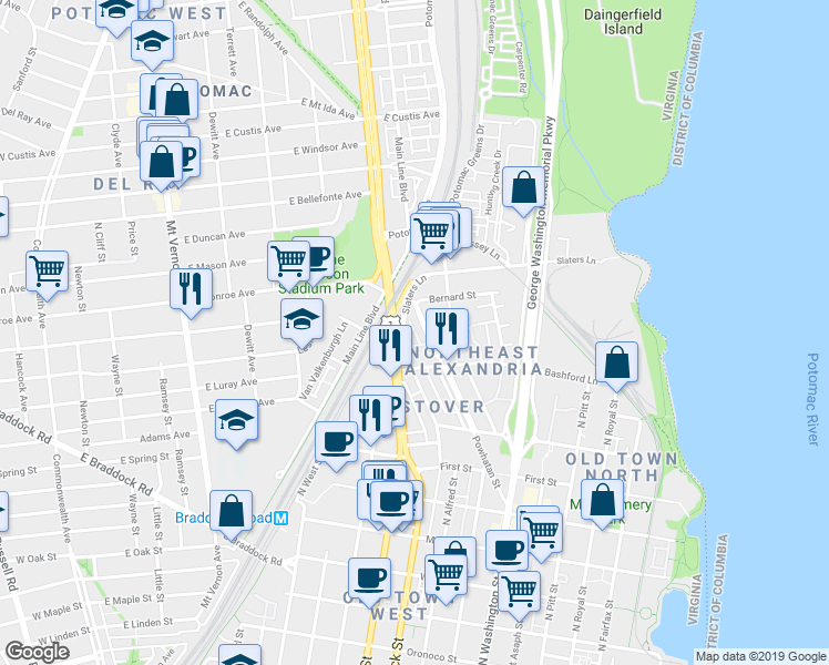 map of restaurants, bars, coffee shops, grocery stores, and more near Argall Place in Alexandria