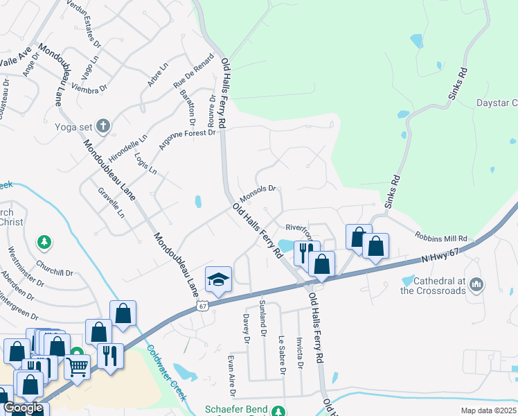 map of restaurants, bars, coffee shops, grocery stores, and more near 14319 Riverfront Drive in Florissant