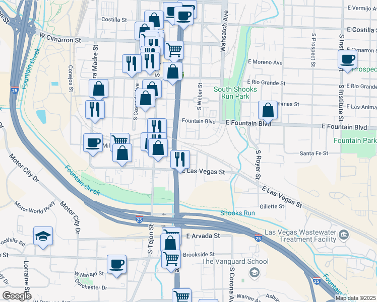 map of restaurants, bars, coffee shops, grocery stores, and more near 224 East Mill Street in Colorado Springs