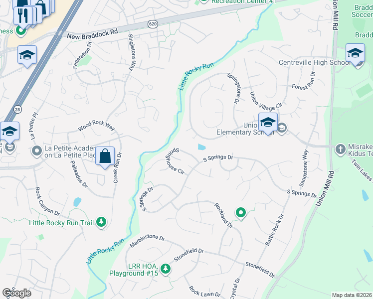 map of restaurants, bars, coffee shops, grocery stores, and more near 6412 Springhouse Circle in Clifton