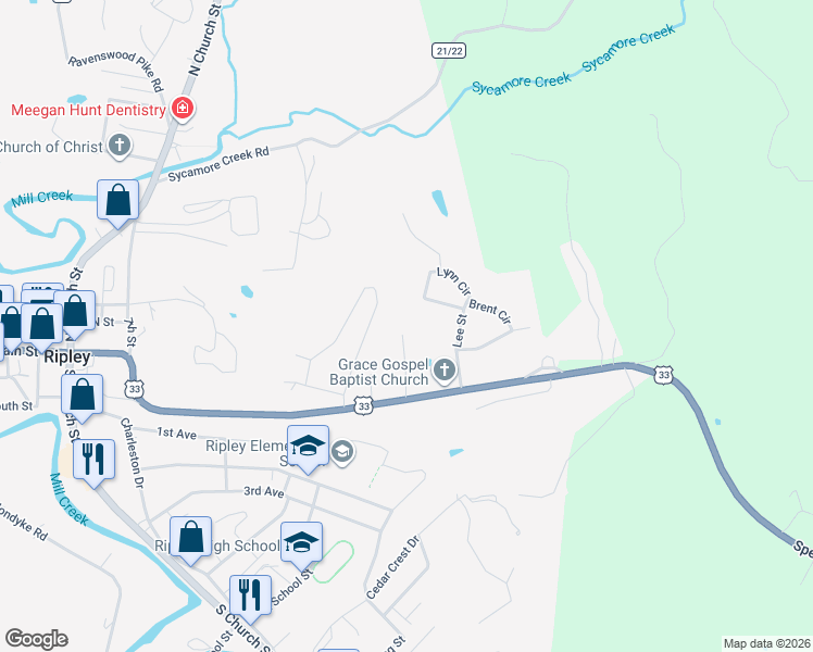 map of restaurants, bars, coffee shops, grocery stores, and more near 116 Winters Dr in Ripley