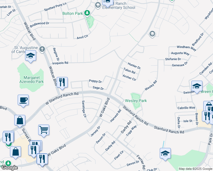 map of restaurants, bars, coffee shops, grocery stores, and more near 5547 Sage Drive in Rocklin