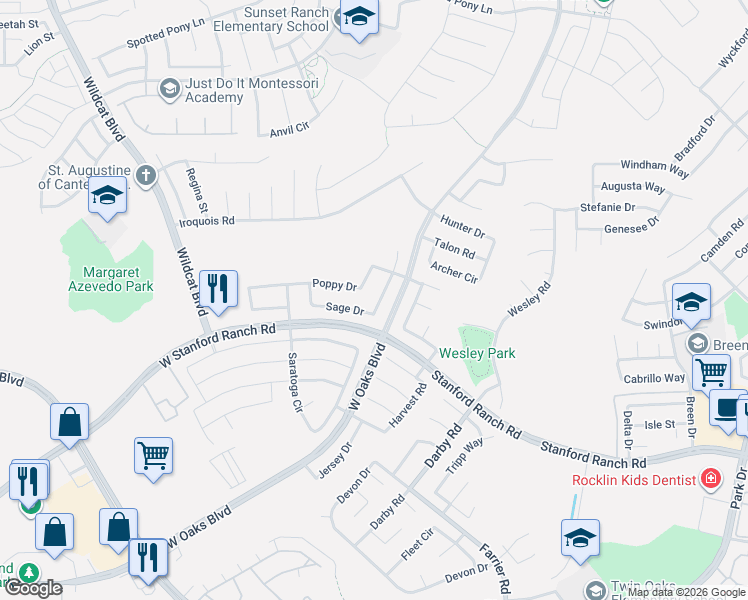 map of restaurants, bars, coffee shops, grocery stores, and more near 5547 Sage Drive in Rocklin