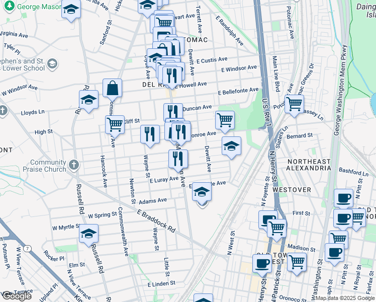 map of restaurants, bars, coffee shops, grocery stores, and more near East Nelson Avenue in Alexandria