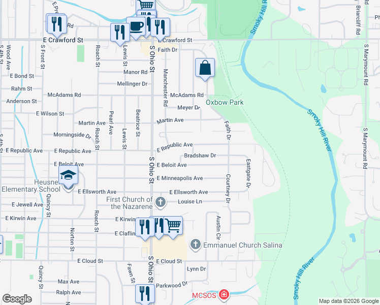 map of restaurants, bars, coffee shops, grocery stores, and more near 1220 East Republic Avenue in Salina