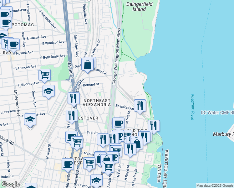 map of restaurants, bars, coffee shops, grocery stores, and more near 1413 East Abingdon Drive in Alexandria