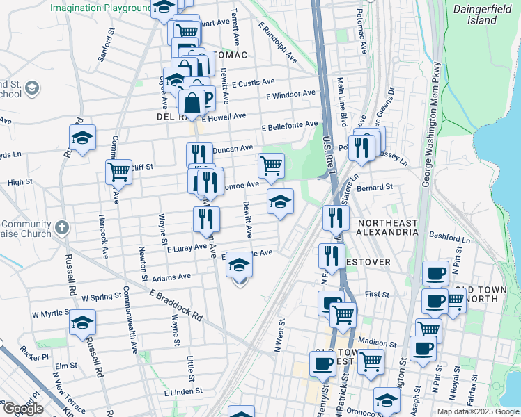 map of restaurants, bars, coffee shops, grocery stores, and more near 525 East Nelson Avenue in Alexandria
