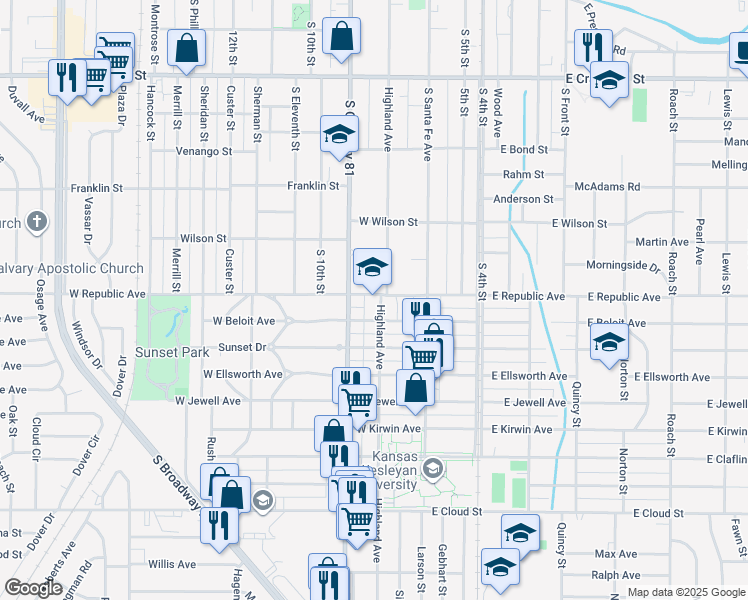 map of restaurants, bars, coffee shops, grocery stores, and more near 975 Highland Ave in Salina