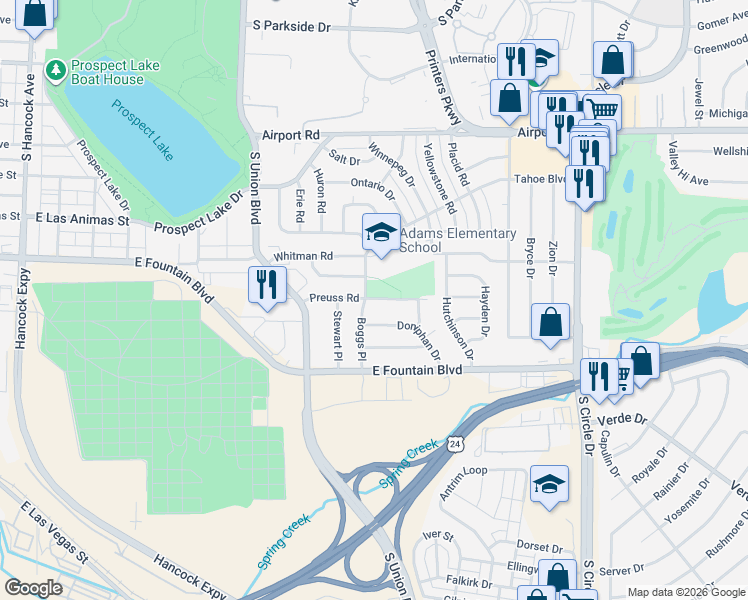 map of restaurants, bars, coffee shops, grocery stores, and more near 2014 Preuss Road in Colorado Springs