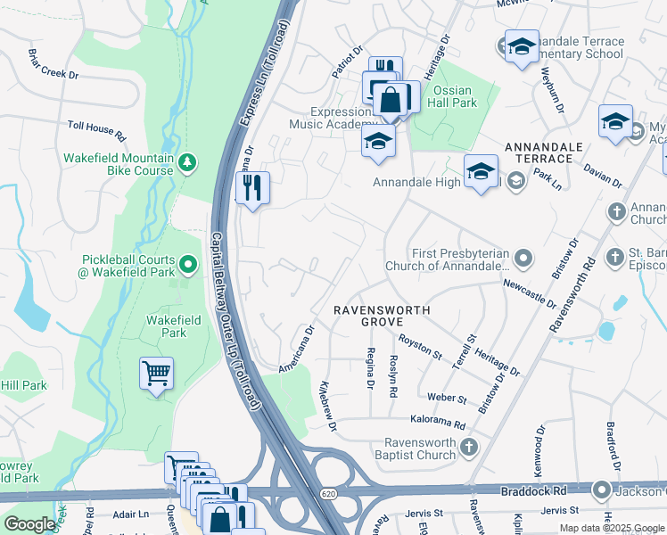 map of restaurants, bars, coffee shops, grocery stores, and more near 4969 Americana Drive in Annandale