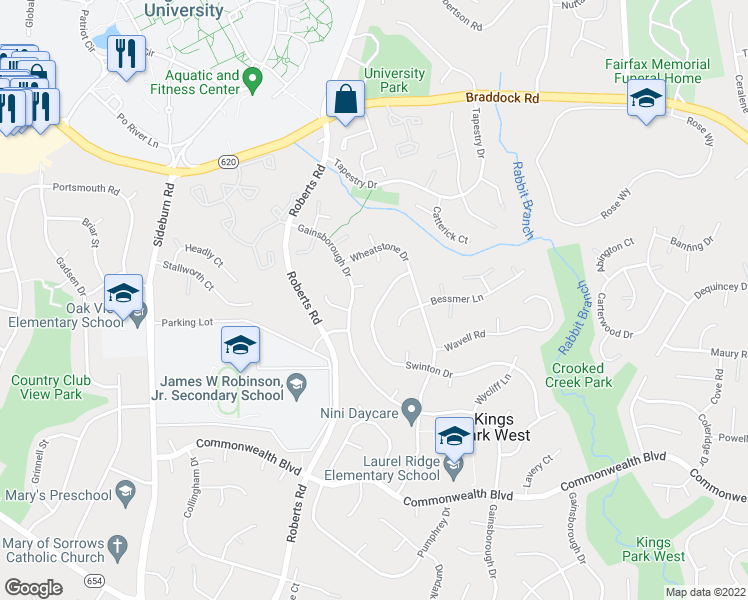 map of restaurants, bars, coffee shops, grocery stores, and more near 4962 Swinton Drive in Fairfax