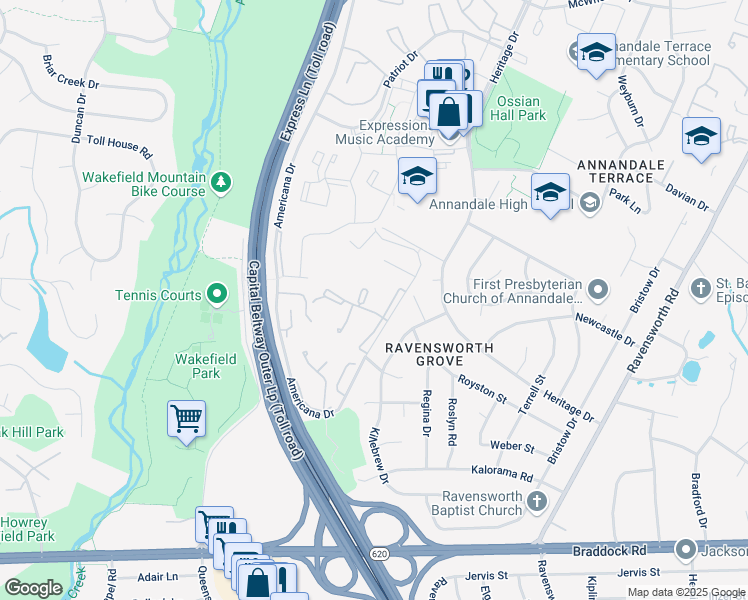 map of restaurants, bars, coffee shops, grocery stores, and more near 4959 Americana Drive in Annandale