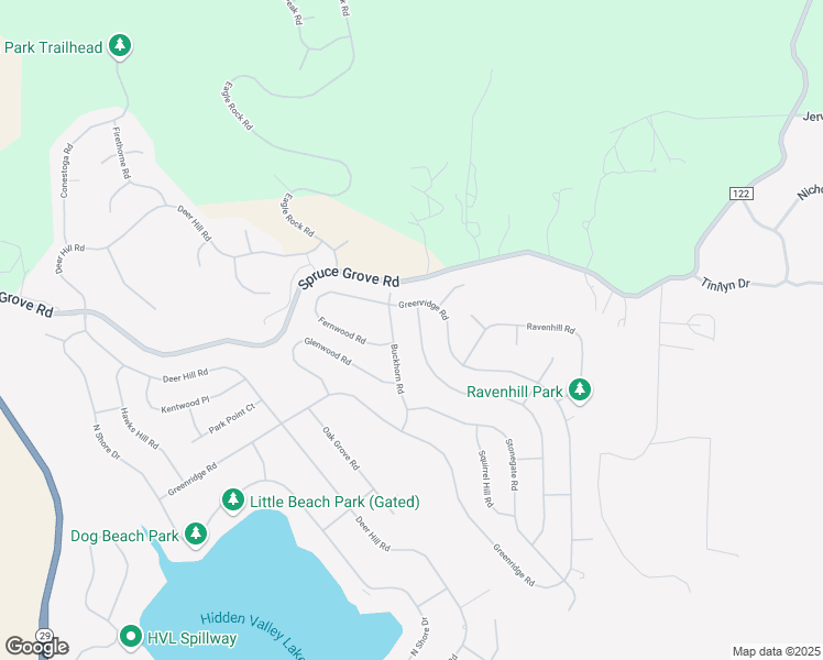 map of restaurants, bars, coffee shops, grocery stores, and more near 18831 Coyle Springs Road in Hidden Valley Lake