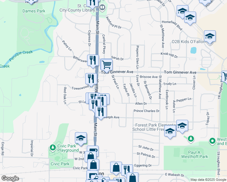 map of restaurants, bars, coffee shops, grocery stores, and more near 143 East Towerwood Drive in O'Fallon