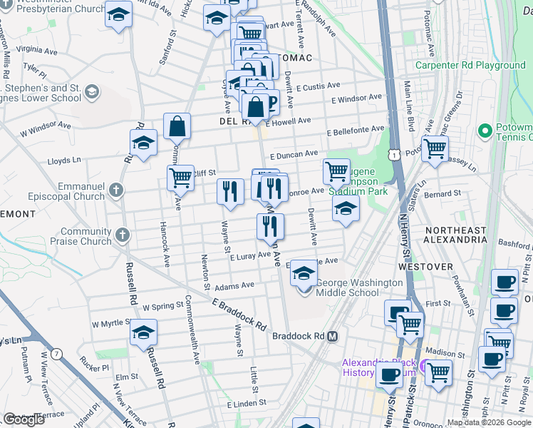 map of restaurants, bars, coffee shops, grocery stores, and more near 320 East Nelson Avenue in Alexandria