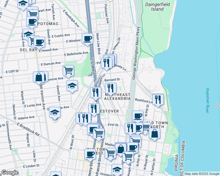 map of restaurants, bars, coffee shops, grocery stores, and more near 1365 Powhatan Street in Alexandria