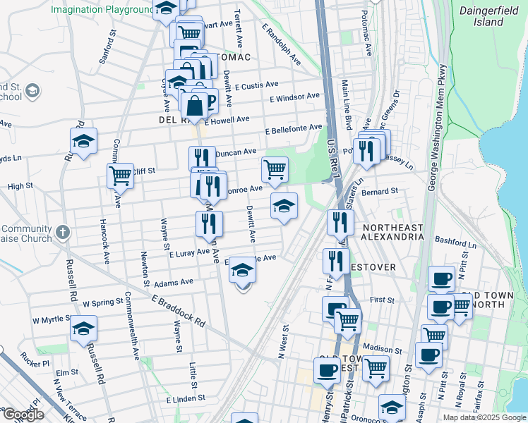 map of restaurants, bars, coffee shops, grocery stores, and more near 525 East Nelson Avenue in Alexandria