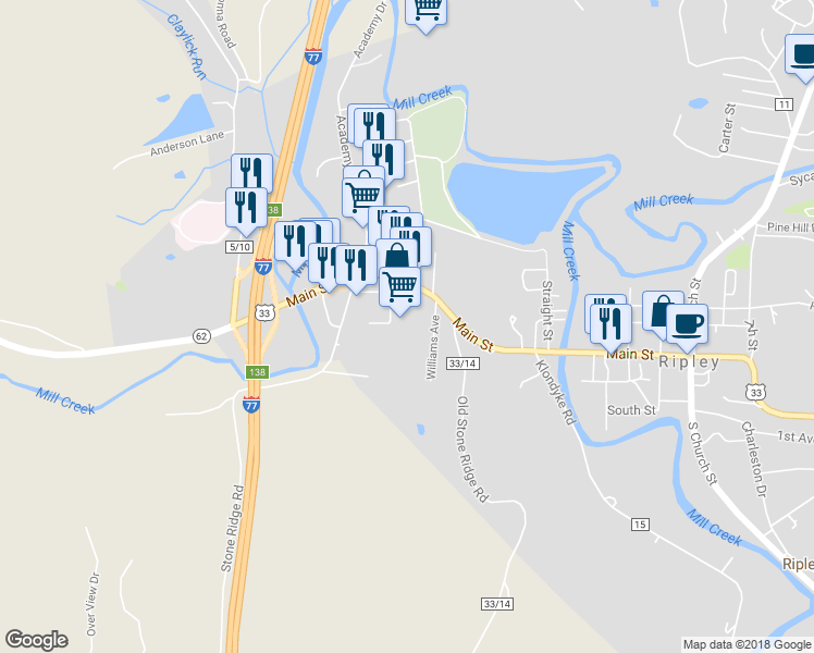 map of restaurants, bars, coffee shops, grocery stores, and more near 708 Old Stone Ridge Road in Ripley
