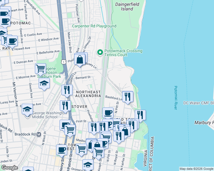 map of restaurants, bars, coffee shops, grocery stores, and more near 1413 East Abingdon Drive in Alexandria