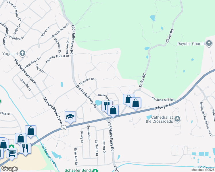 map of restaurants, bars, coffee shops, grocery stores, and more near 4227 River Oaks Drive in Florissant