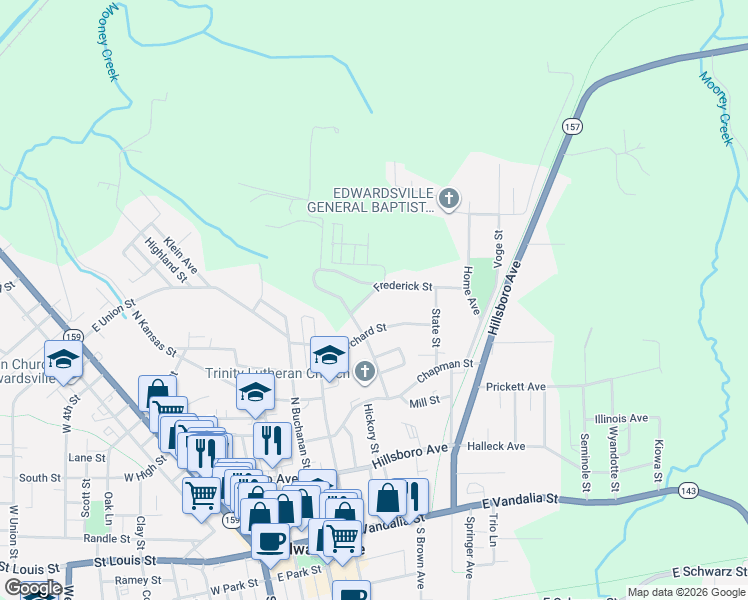 map of restaurants, bars, coffee shops, grocery stores, and more near 616 Frederick Street in Edwardsville