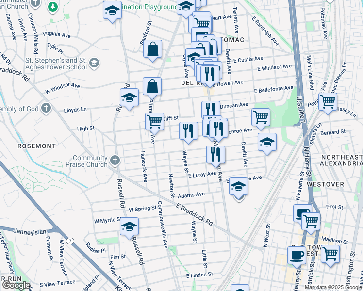 map of restaurants, bars, coffee shops, grocery stores, and more near 1506 Wayne Street in Alexandria