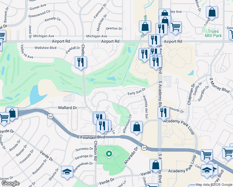 map of restaurants, bars, coffee shops, grocery stores, and more near 932 Azure Circle in Colorado Springs