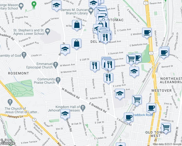 map of restaurants, bars, coffee shops, grocery stores, and more near 1506 Wayne Street in Alexandria