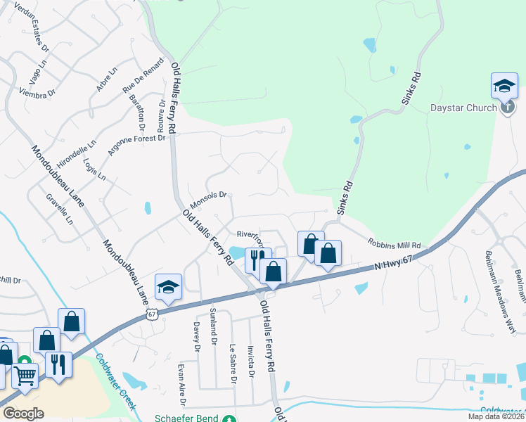 map of restaurants, bars, coffee shops, grocery stores, and more near 4231 River Oaks Drive in Florissant