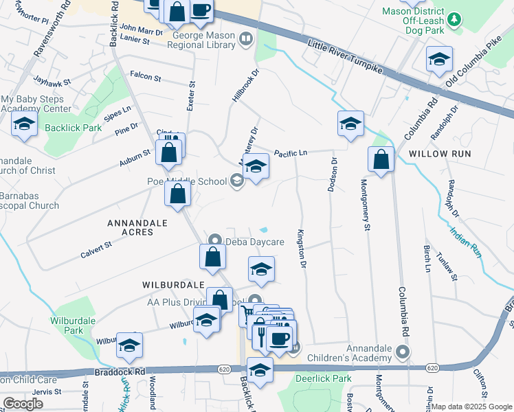 map of restaurants, bars, coffee shops, grocery stores, and more near 7000 Cindy Lane in Annandale