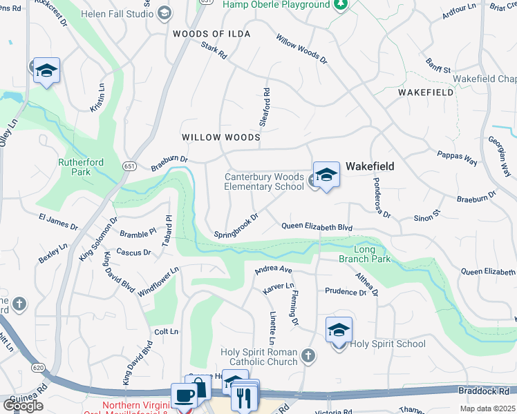 map of restaurants, bars, coffee shops, grocery stores, and more near 4901 Springbrook Drive in Annandale