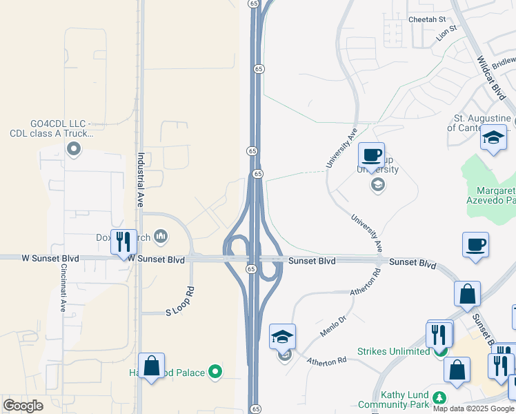 map of restaurants, bars, coffee shops, grocery stores, and more near Roseville Bypass in Rocklin