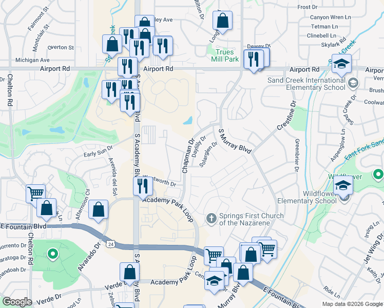 map of restaurants, bars, coffee shops, grocery stores, and more near 4175 Daylilly Drive in Colorado Springs