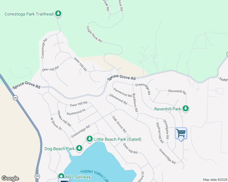 map of restaurants, bars, coffee shops, grocery stores, and more near 18750 Fernwood Road in Hidden Valley Lake
