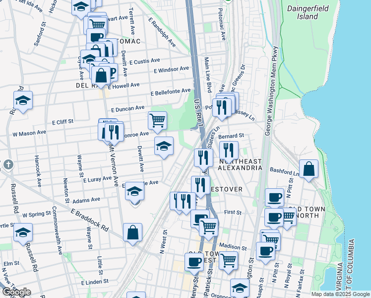 map of restaurants, bars, coffee shops, grocery stores, and more near 605 East Nelson Avenue in Alexandria