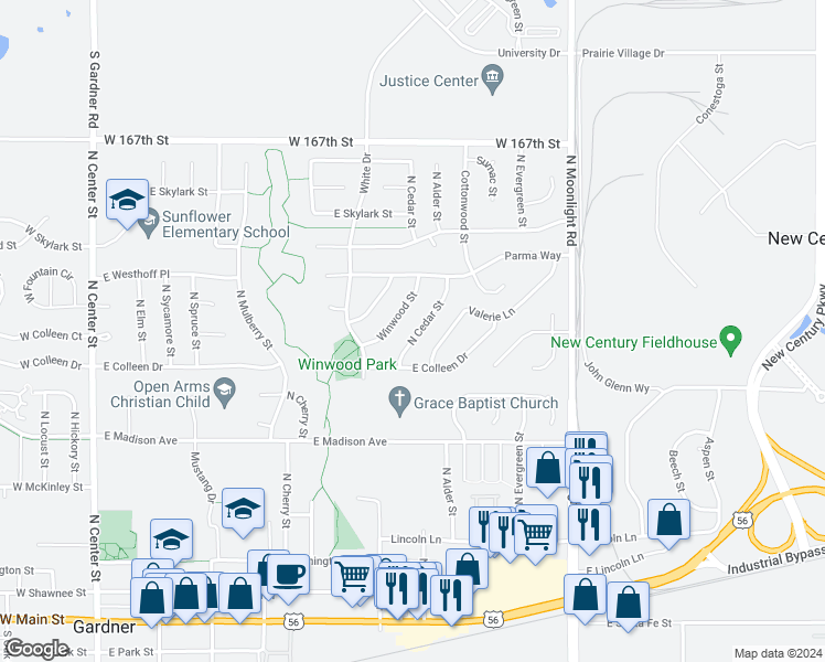 map of restaurants, bars, coffee shops, grocery stores, and more near 536 North Cedar Street in Gardner