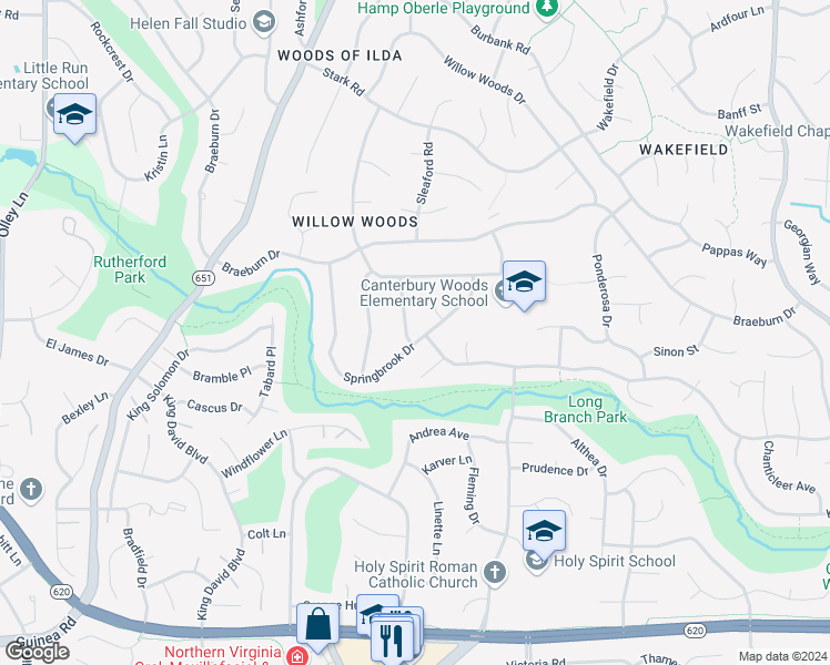 map of restaurants, bars, coffee shops, grocery stores, and more near 4901 Springbrook Drive in Annandale