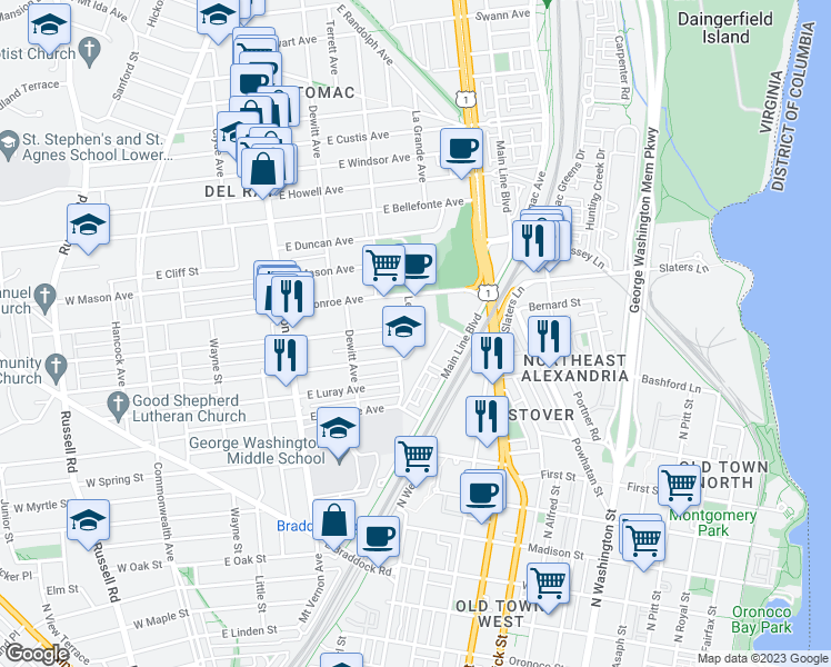 map of restaurants, bars, coffee shops, grocery stores, and more near 605 East Nelson Avenue in Alexandria
