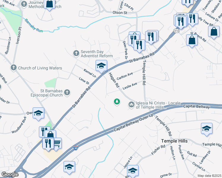map of restaurants, bars, coffee shops, grocery stores, and more near 3104 Leslie Avenue in Temple Hills