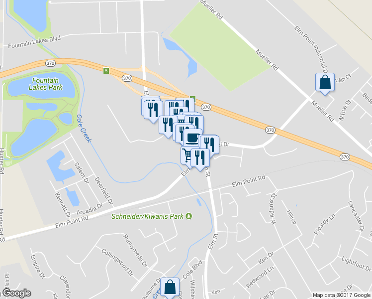map of restaurants, bars, coffee shops, grocery stores, and more near 3731 Elm St in St Charles