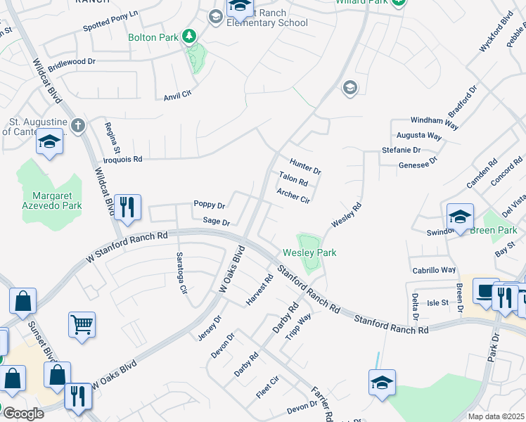 map of restaurants, bars, coffee shops, grocery stores, and more near 5504 New Vista Drive in Rocklin