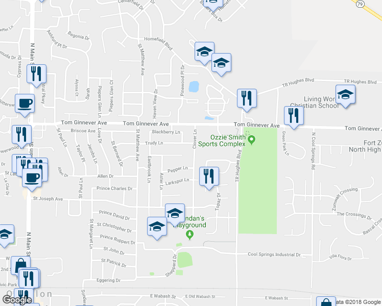 map of restaurants, bars, coffee shops, grocery stores, and more near 807 Clover Lane in O'Fallon