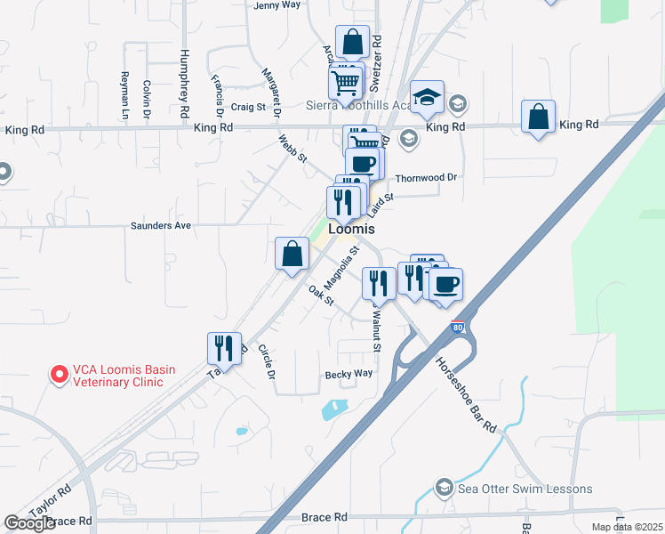map of restaurants, bars, coffee shops, grocery stores, and more near 5844 Walnut Street in Loomis