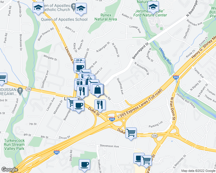 map of restaurants, bars, coffee shops, grocery stores, and more near 301 North Beauregard Street in Alexandria