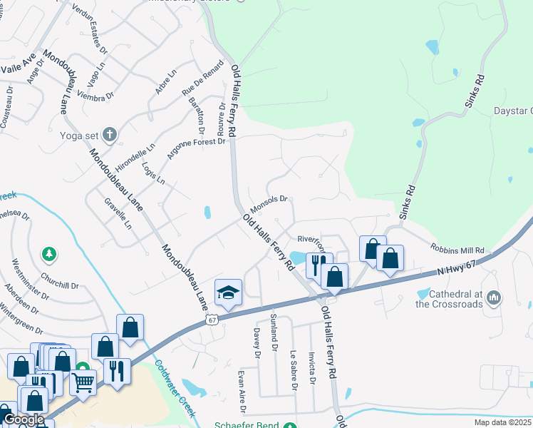map of restaurants, bars, coffee shops, grocery stores, and more near 14319 Riverfront Drive in Florissant