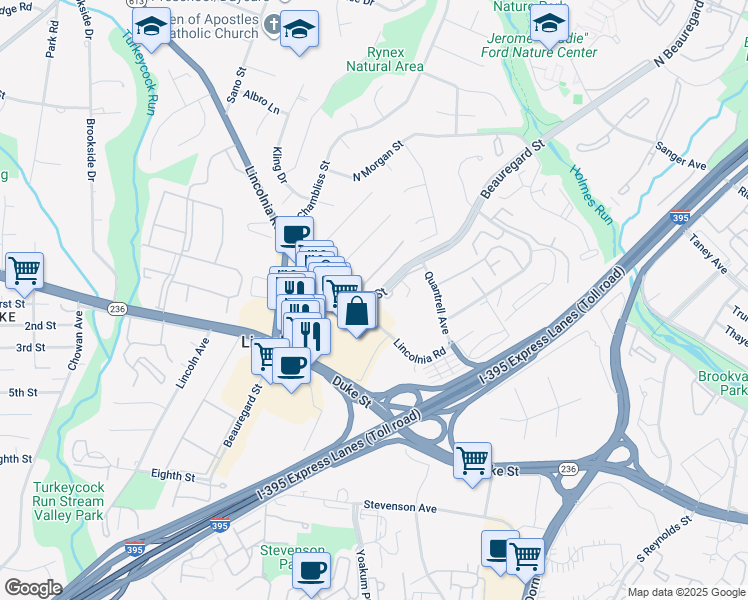 map of restaurants, bars, coffee shops, grocery stores, and more near 301 Beauregard Street in Alexandria