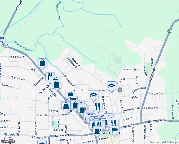 map of restaurants, bars, coffee shops, grocery stores, and more near 411 East Union Street in Edwardsville