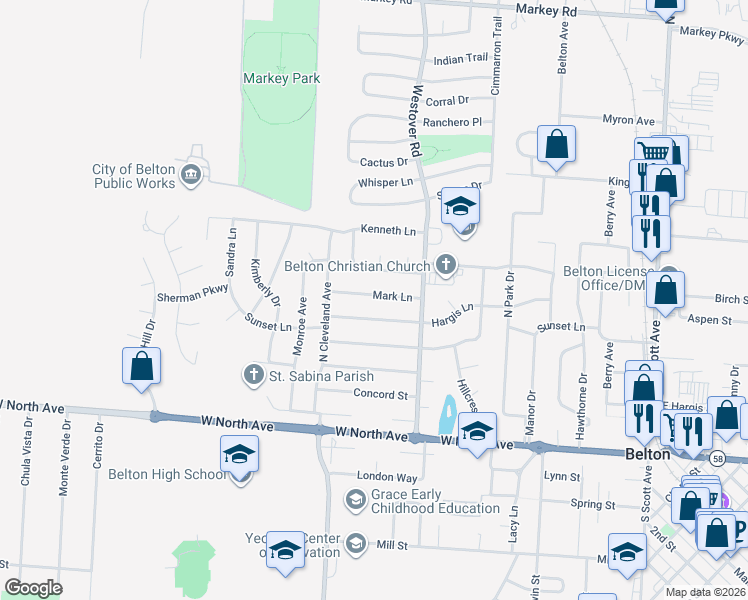 map of restaurants, bars, coffee shops, grocery stores, and more near 519 Mark Lane in Belton