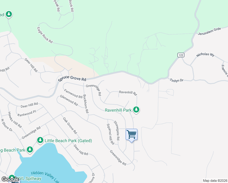 map of restaurants, bars, coffee shops, grocery stores, and more near 19070 Ravenhill Road in Hidden Valley Lake